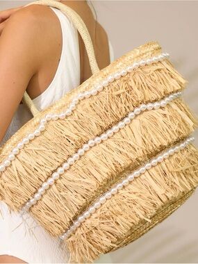 Urban Natural Straw Fringe Hobo with Pearl Strands